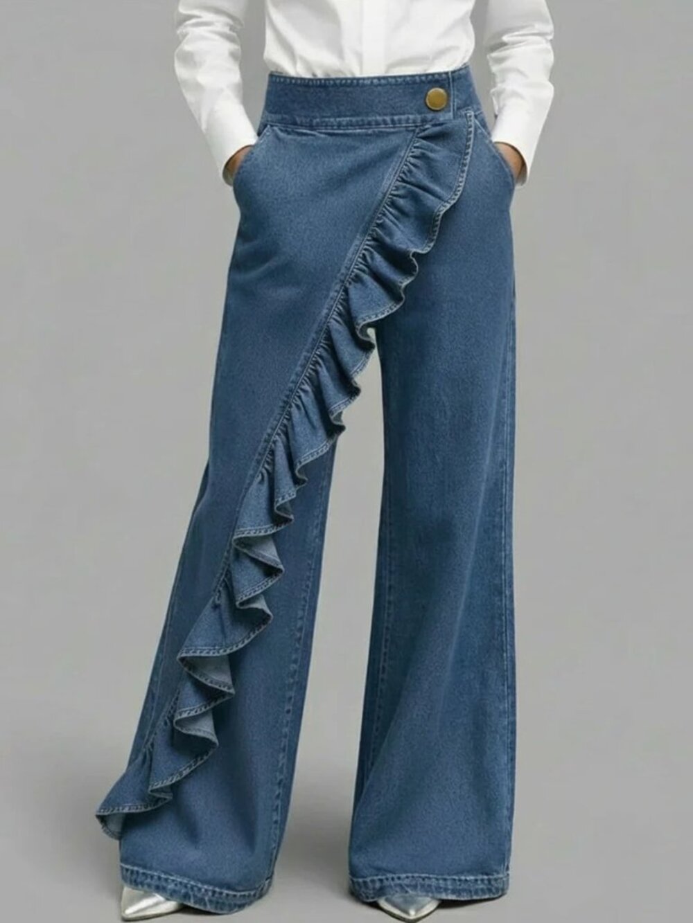 High-Waist Wrap Front Ruffle Denim Trousers (DARK BLUE)